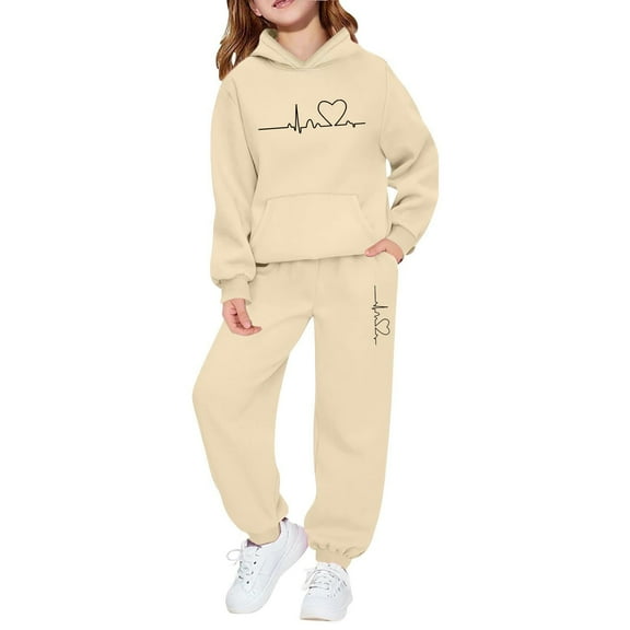 SGMVNU Girls Sweatsuit 2 Piece Outfits Boys Printed Casual Hoodies Long Sleeve Fashion Sweatshirts and Sweatpants Sportwear Outfit, Size 6-7 Years, Beige