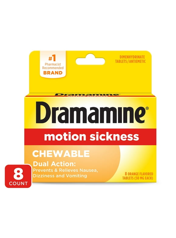 Dramamine Chewable, Motion Sickness Relief, Orange Flavor, 8 Count