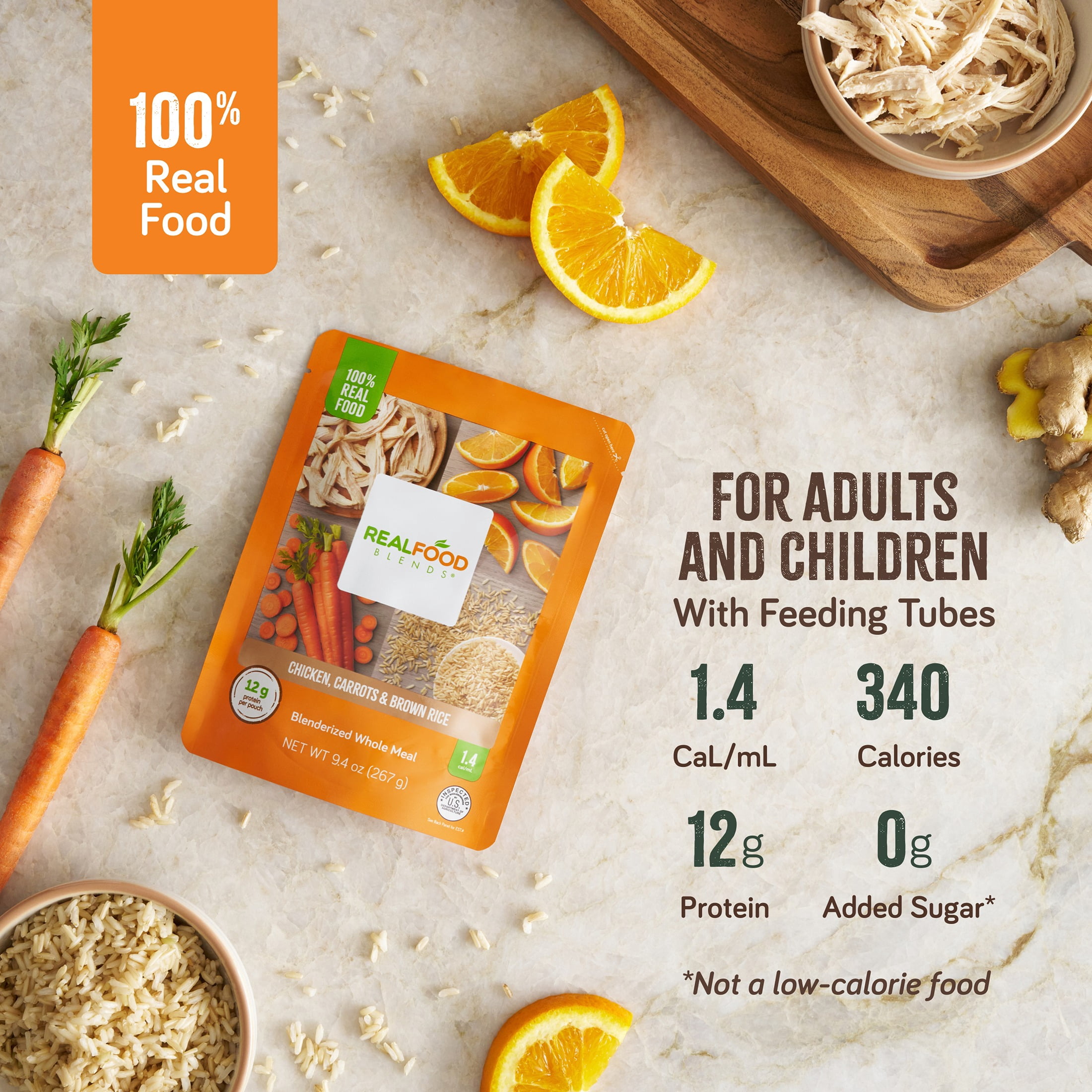 Real Food Blends Chicken, Carrots & Brown Rice - Pureed Food Meals for Tube Feeding with Protein, Vegetables & Fruits - 340 Calories for Lunch & Dinner - 9.4 oz (Pack of 12)
