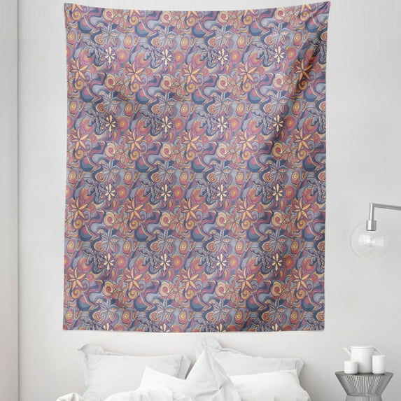 Floral Tapestry, Colorful Blooming Flowers and Waves Spiral Curly Shapes Botanical Fantasy Pattern, Fabric Wall Hanging Decor for Bedroom Living Room Dorm, 5 Sizes, Multicolor, by Ambesonne
