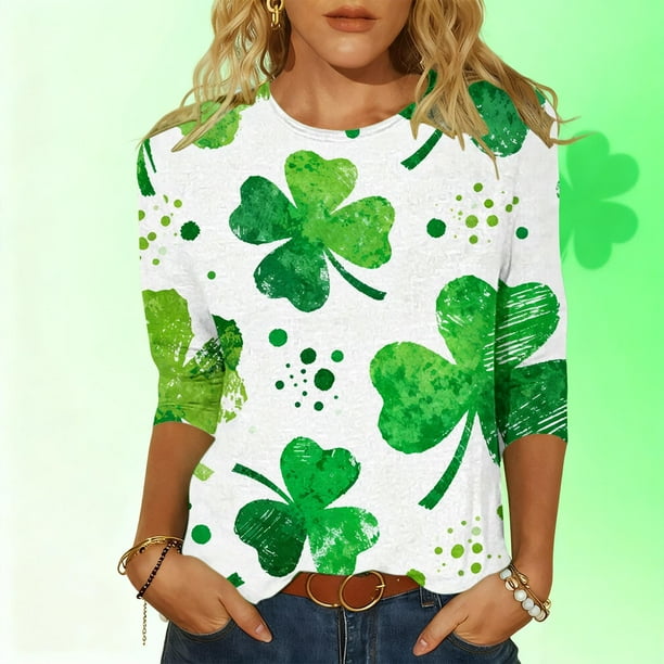 Xuyuer Women St Patricks Day Sweatshirts Lucky Clover Blouse Irish Shamrock Pullover 3/4 Sleeves Graphic Tops