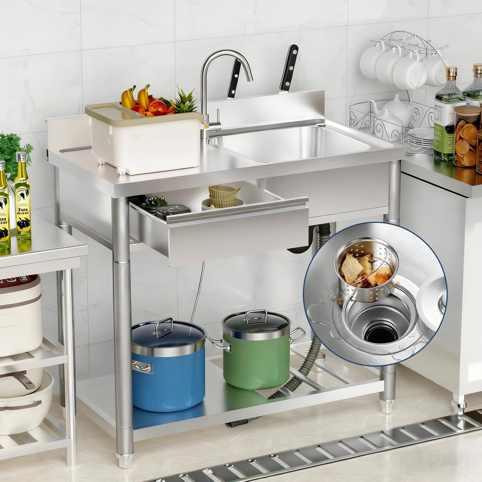 304 Stainless Steel Utility Sink, 39" Free Standing Single Bowl Restaurant Outdoor Kitchen Sink with Workbench, Knife Rack, Drawer, Storage Shelf & 360° Hot and Cold Faucet for Kitchen, Laundry Room