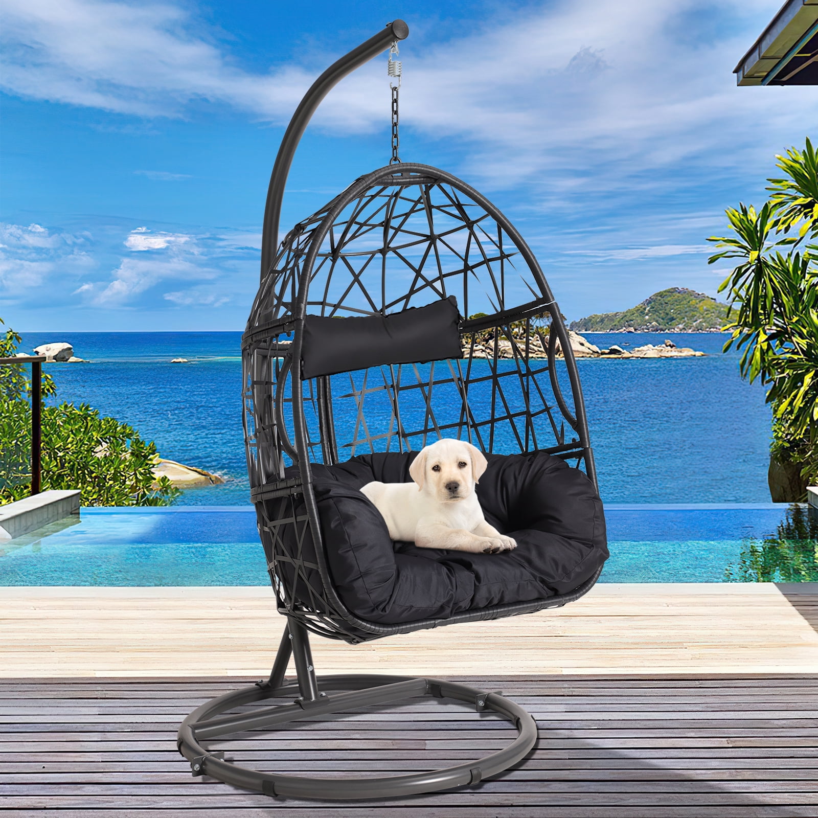 Magic Union Patio Wicker Hanging Chair with Stand and Cushion Outdoor Indoor Hanging Egg Chair Dark Gray
