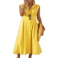 thumbnail image 1 of Robe Vintage en Coton et Lin pour Femmes, Robe Midi Décontractée d'Été à Boutons, Col en V, Grande Taille p-3TG, 1 of 6
