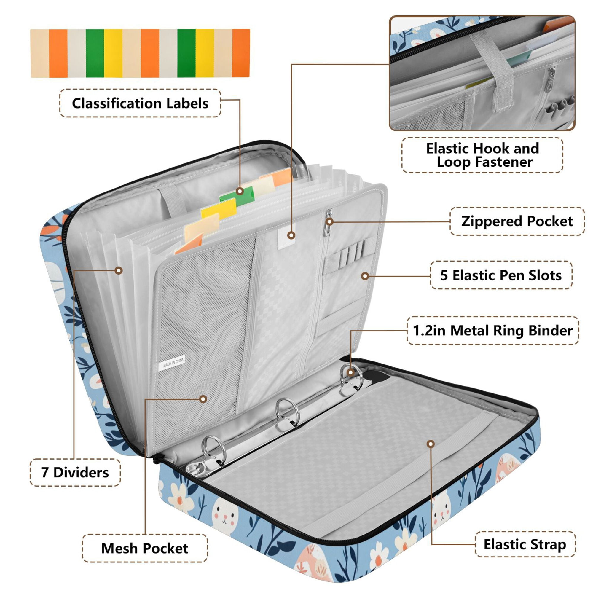 FORMRS Accordion File Folder A4 Size 7-Pocket Expanding Document Organizer Bag with 3 Ring Binder, Floral Easter Rabbits