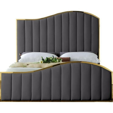Pemberly Row Contemporary Solid Wood and Velvet Queen Bed in Gray