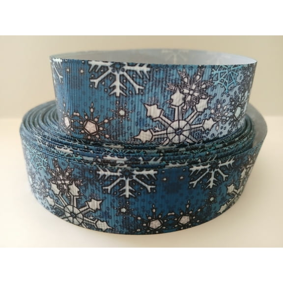 Grosgrain Ribbon Printed Christmas Snowflake Designs on Blue, 3 Yards 1 Inch Wide