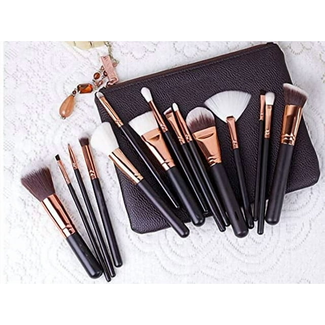 Juego de brochas de maquillaje profesional de 15 piezas en oro rosa con cabello natural y bolsa premium