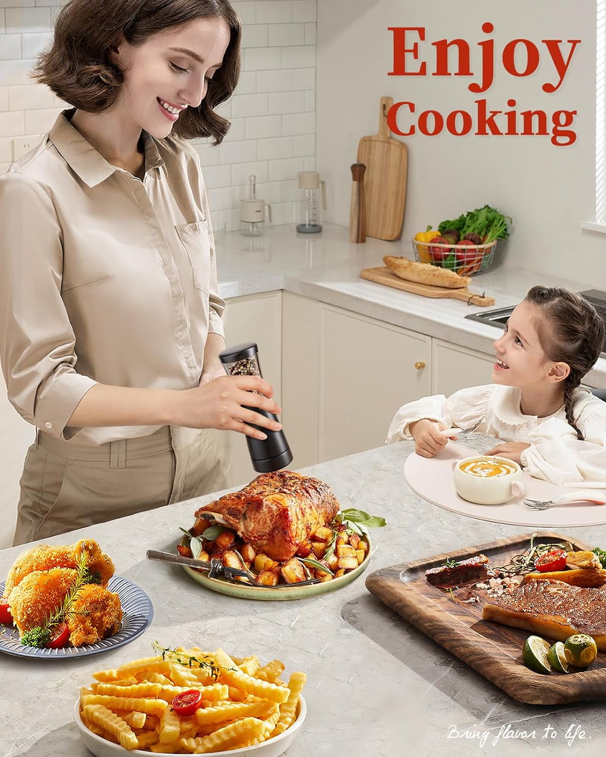 Tomeem Electric Salt and Pepper Grinder Set Rechargeable Adjustable Coarseness Stainless Steel Automatic Shaker with Light