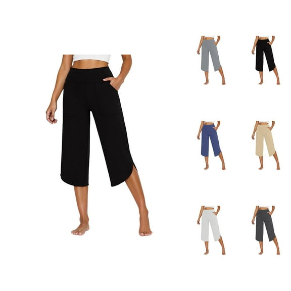 Capri Pants for Women 2025 Solid Color High Waisted Loose Wide Leg Yoga Capris with Pockets Womens Cropped Pants