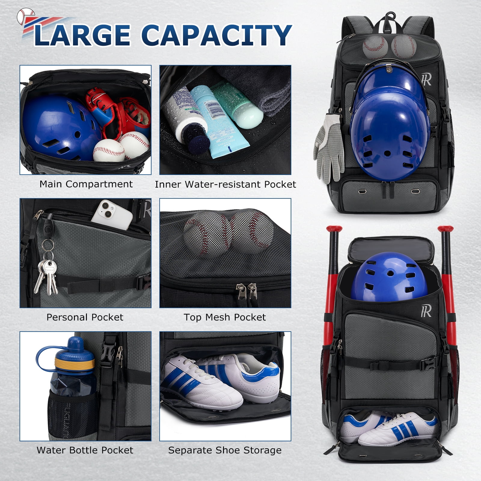 RAINSMORE Baseball Backpack 40L Large Softball Baseball Backapck with Helmet Holder, Shoe Compartment & Fence Hook, Durable Softball Gear Bag,Black/Gray