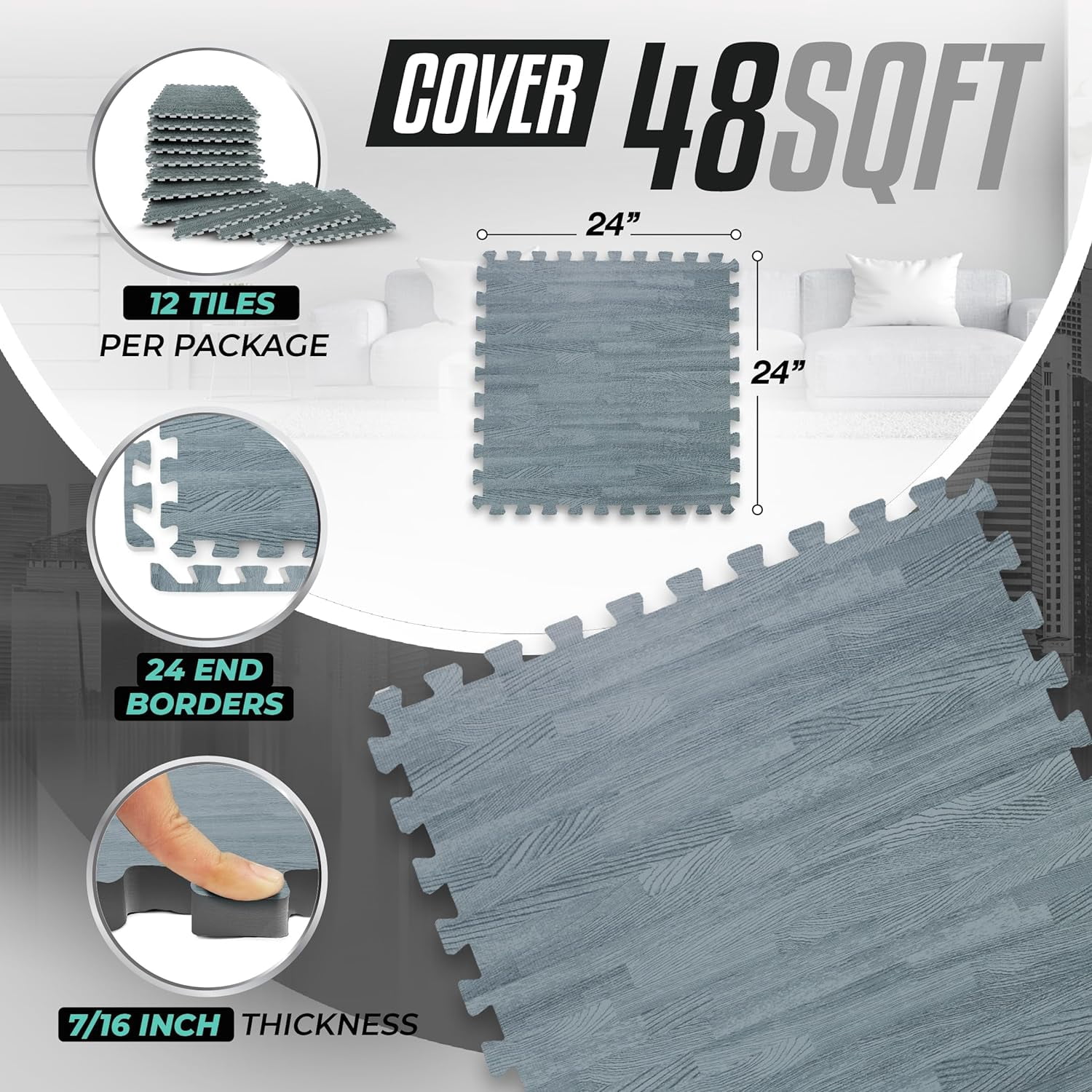 Yes4All 12 pcs Interlocking Exercise Foam Mats, Cover 48 SQFT, 7/16 inch, Carbon Color