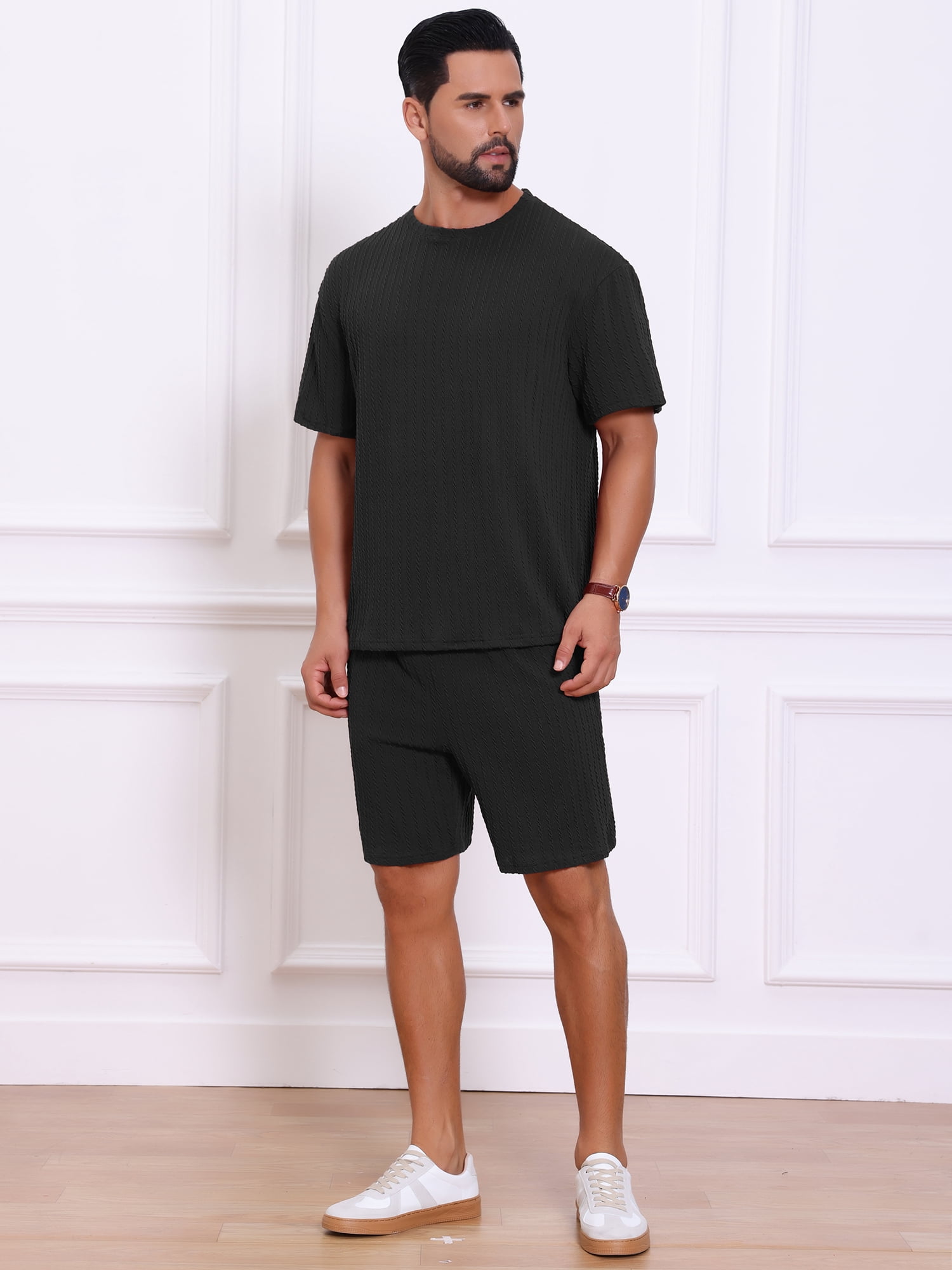 DARING DIVA Men's 2 Pieces Texture Crew Neck Shirt Top and Shorts Outfits L Black