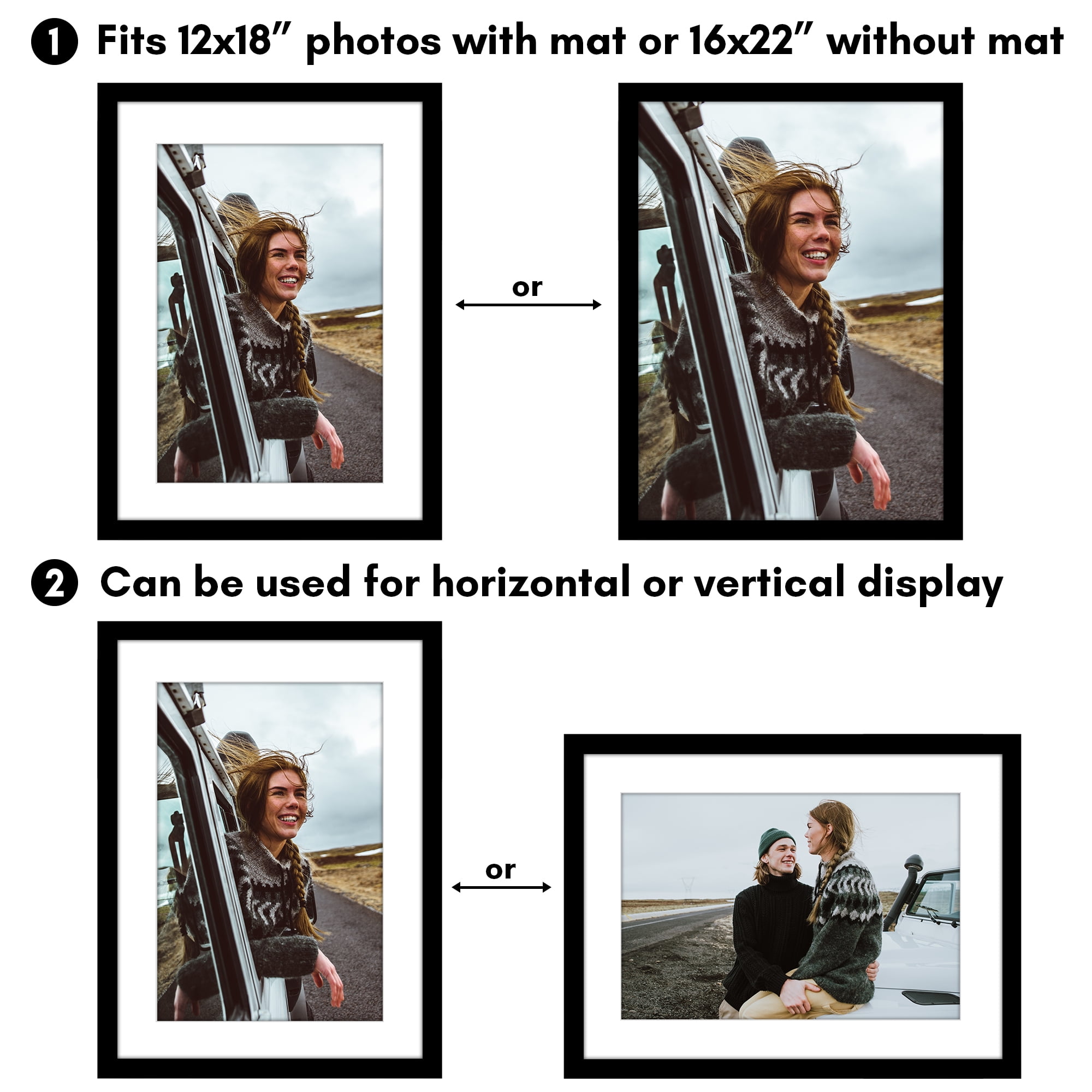 Americanflat 16x22 Picture Frame with Polished Plexiglass with 12x18 Mat Display Photo Epic Collection - Black