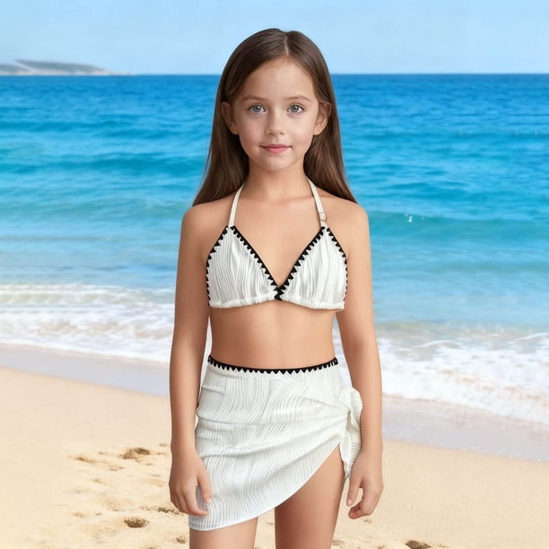 Traje de baño de 2 piezas para mujer, trajes de baño para mujer, bikini de moda infantil con tirantes y bloques de color liso para la playa, conjunto de falda de malla para niña