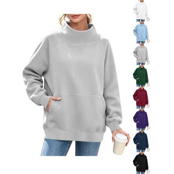 Women Mock Neck Raglan Sleeve Sweatshirt Zaewscy Women's Fashion Winter Sporty Solid Color Pocket Crewneck Loose Sweatshirt Gray S