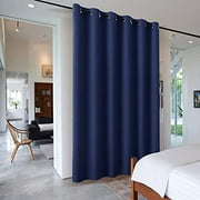 RYB HOME Wide Slider Curtain Blackout Room Divider, Thermal Blackout Drape Repel Summer Heat & Winter Cold for Bedroom Separation Space / Locker Room, Wide 10ft x Tall 9ft, Navy Blue, 1 Panel
