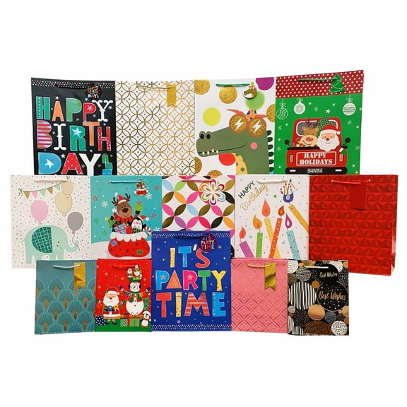 Assorted Size Year-round Gift Bags - Set of 14, Bulk, Christmas, Large, Medium, Small, Handles, Gift Tags Included, Birthday, Wedding, Baby Shower