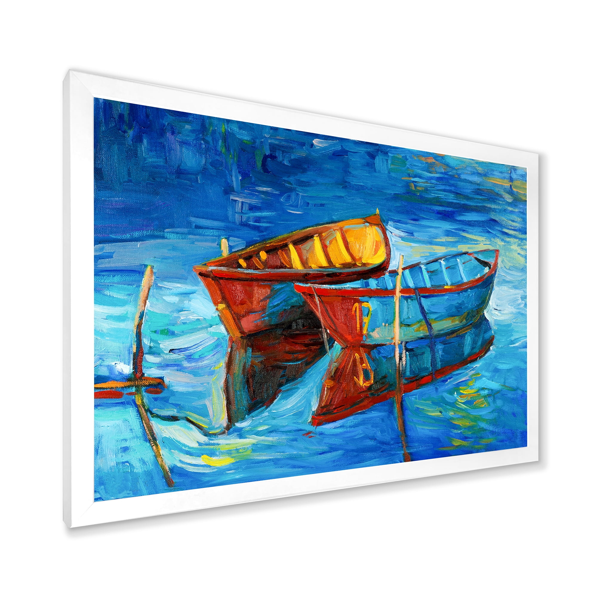 Boat At The Lake During Evening Glow III 32 in x 16 in Framed Painting Canvas Art Print, by Designart