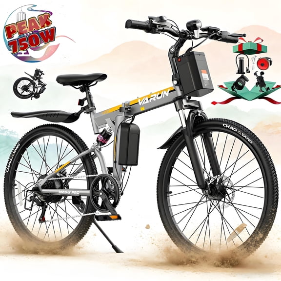 VARUN Electric Bike, 26" Foldable EBike, Peak 750W Motor, 48V 374.4Wh Battery, up to 20 mph 50 Miles, 7 Speeds with Bike Pump, Phone Holder & Bike Lock & Rear Light, E Bike for Adult, UL2849(Orange)