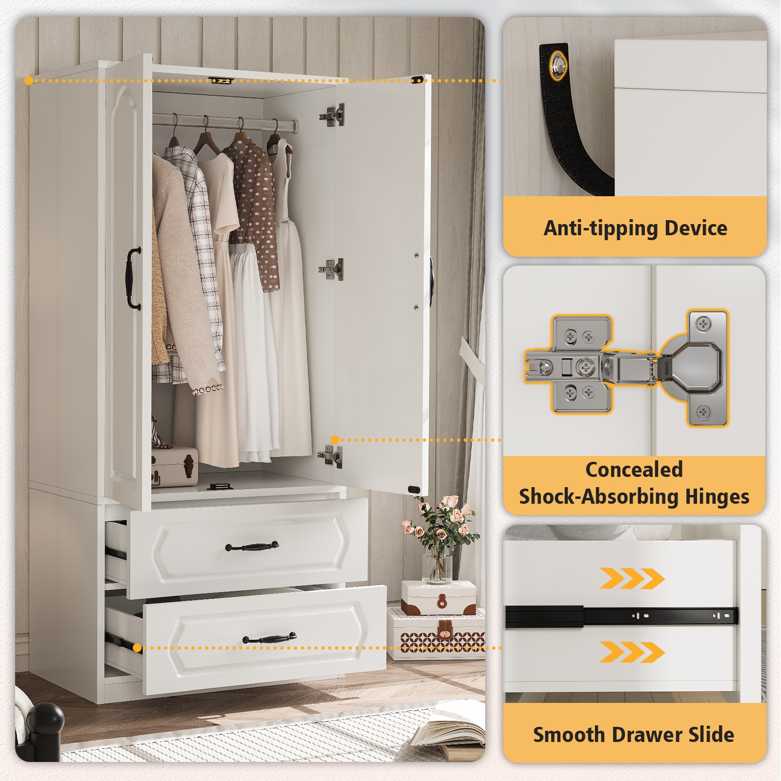 Lumiinofami 2 Door Wardrobe, Wooden Armoire with Hanging Rod and Drawers for Bedroom, White