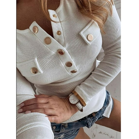 European And American Autumn New Women's Long-Sleeved Casual Button T-Shirt Large Size Slimming Solid Color Top
