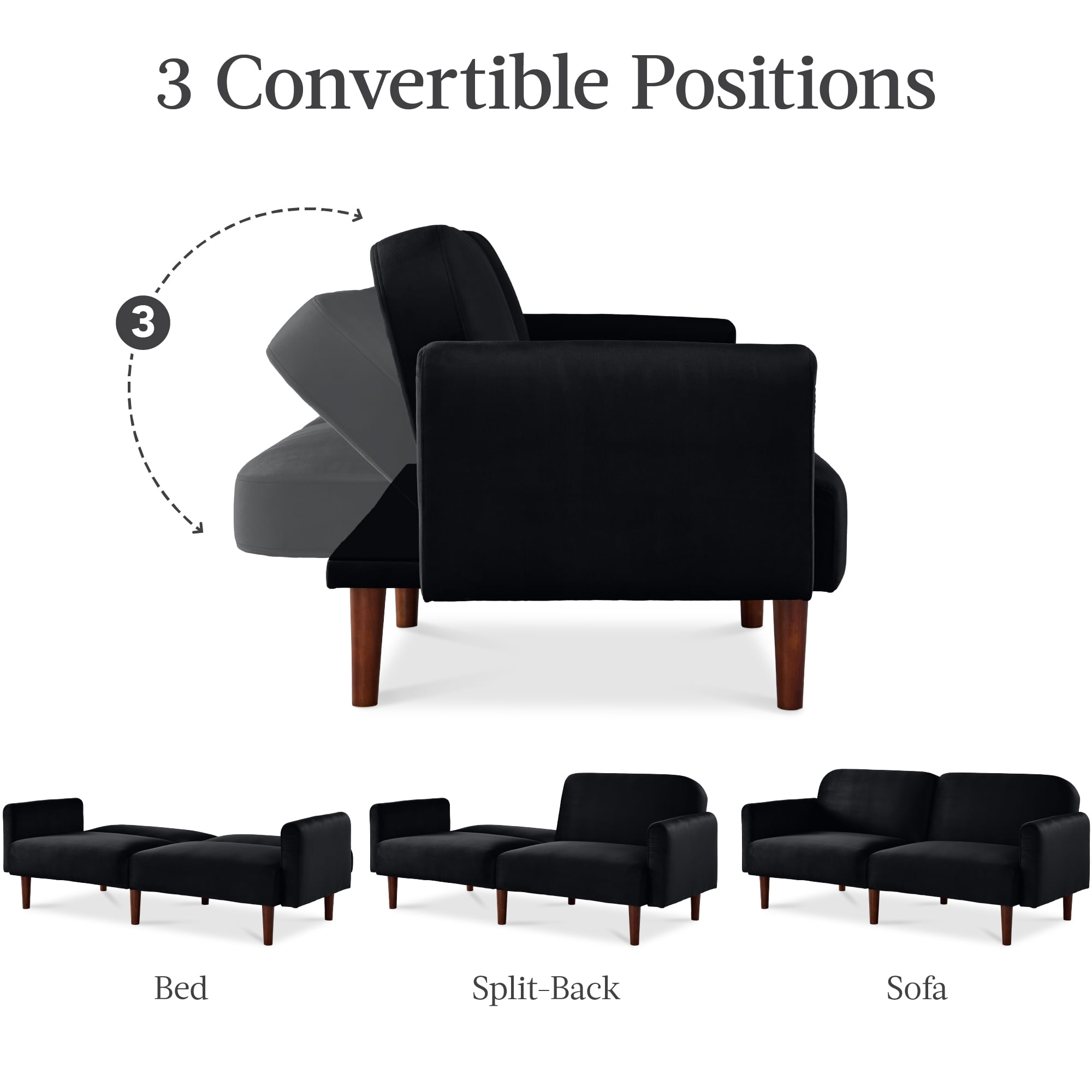 Best Choice Products Curved Convertible Futon, Velvet Fabric Split-Back Sleeper Bed - Onyx Black