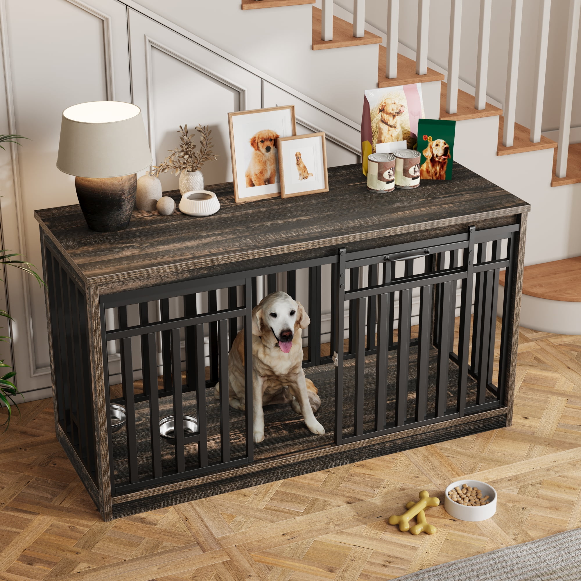 Uforic 55.1 Inch Dog Crate Furniture for Large Dogs,Indoor Furniture Style Wooden Large Dog Kennel TV Stand Sliding Doors -Black Oak
