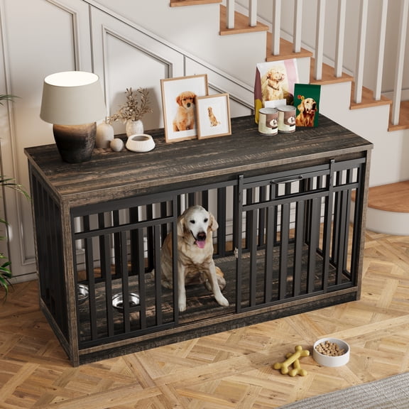 Uforic 55.1 Inch Dog Crate Furniture for Large Dogs,Indoor Furniture Style Wooden Large Dog Kennel TV Stand Sliding Doors -Black Oak