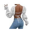 thumbnail image 5 of Franhais Women's Solid Color Crop Tops, Elegant Long Puff Sleeve Strappy Backless Tight T-Shirts, 5 of 7