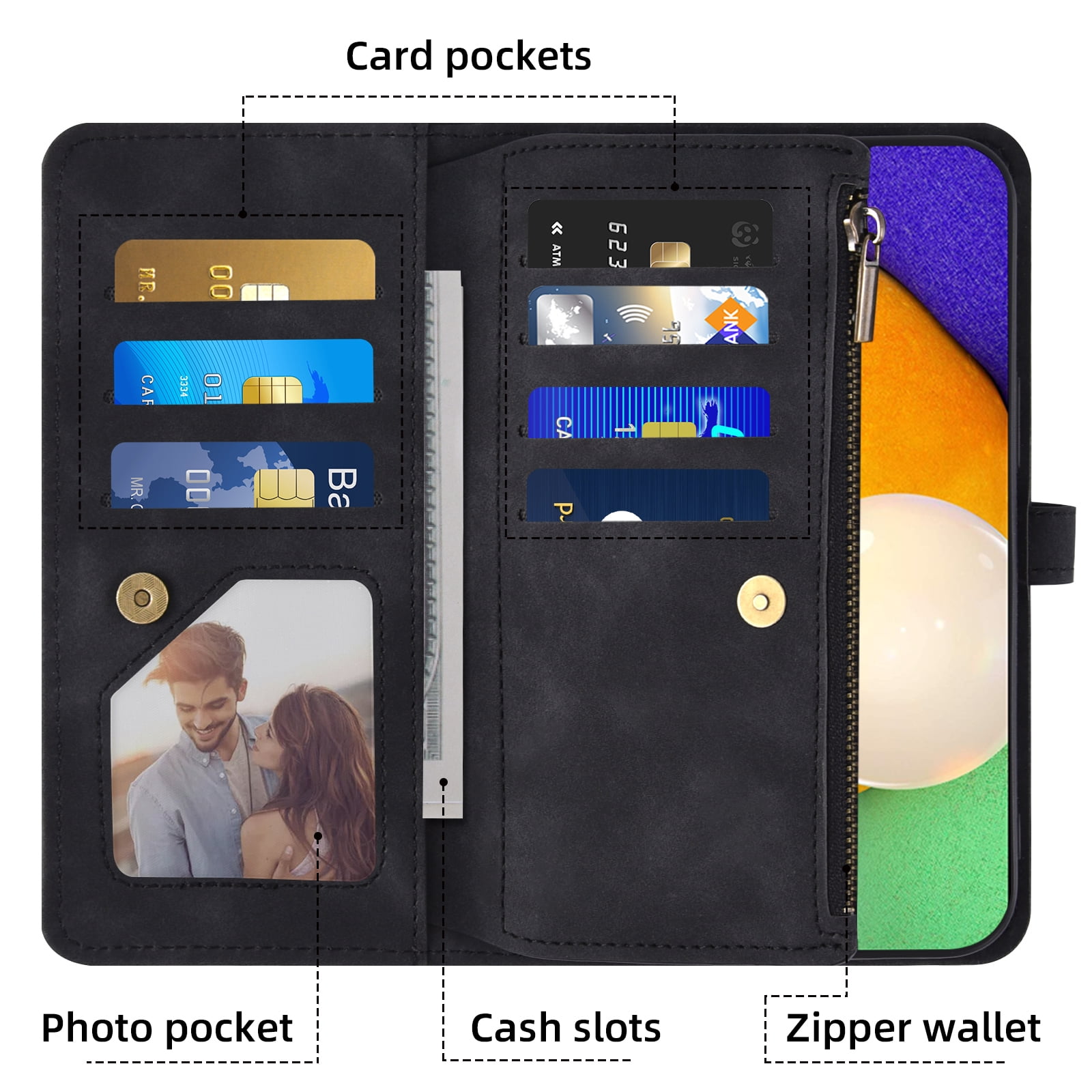 Asuwish Phone Case for Samsung Galaxy A52/A52S 5G Wallet Cover With Tempered Glass Screen Protector Crossbody Wrist Strap Flip Pattern Zipper Credit Card Holder Cell A 52 S 4G G5 52A S52 52S Black