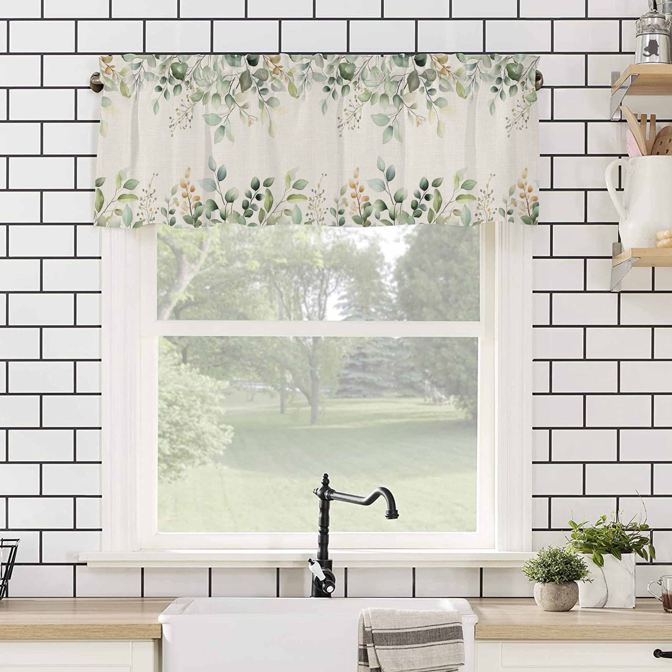 Retro Eucalyptus Leaves Valances for Windows Sage Green Leaf Summer Plants Linen Rod Pocket Curtain Valance Window Treatment Short Curtains for Kitchen Living Room, 60"x18"