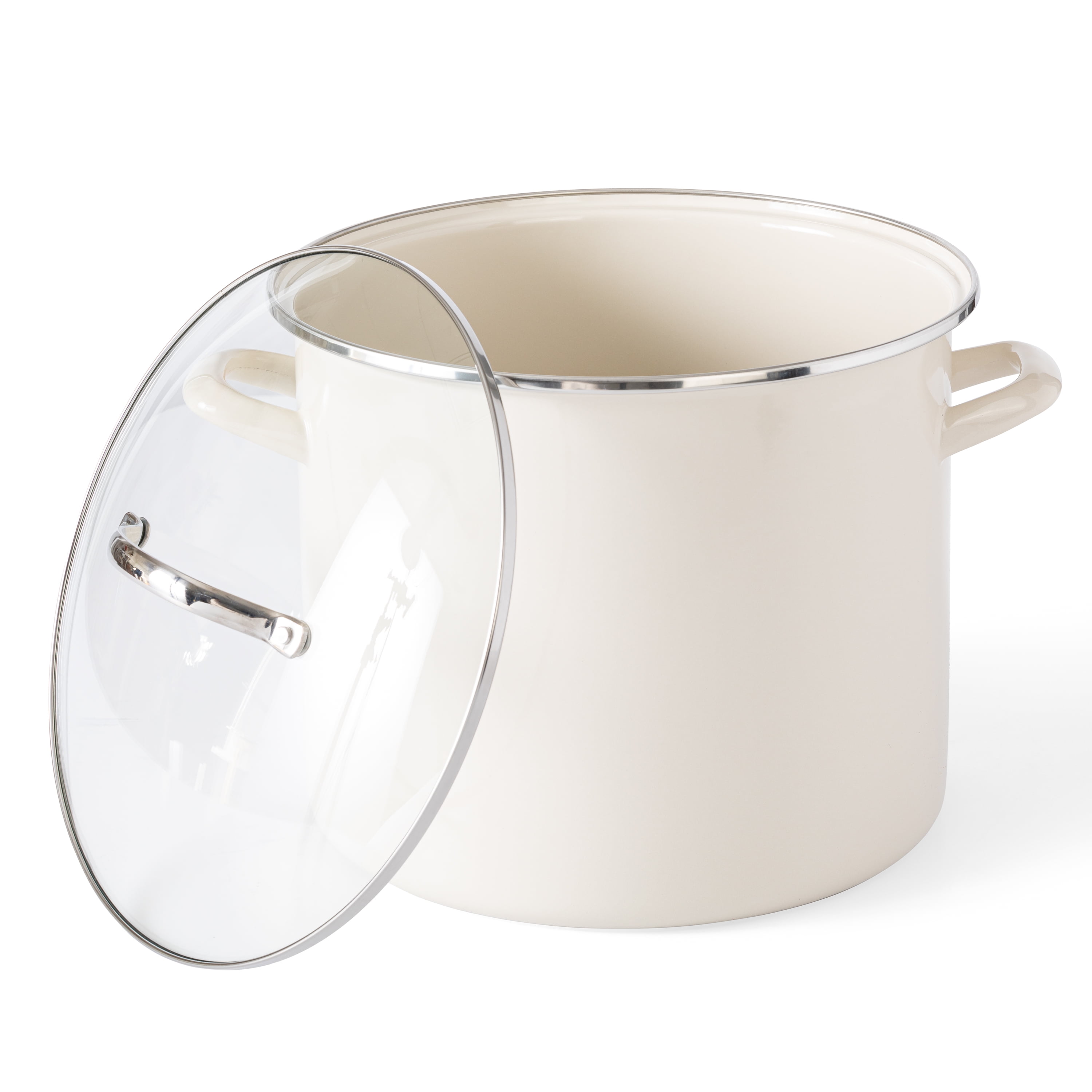 Martha Stewart Haverhill 12-Quart Enamel Stock Pot Oven Safe with Glass Lid, Linen
