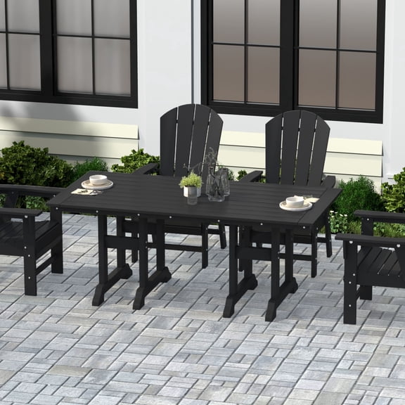 WestinTrends Malibu Outdoor Dining Table for 6, All Weather Poly Lumber Adirondack 71" Trestle Long Dining Table with Umbrella Hole, Black