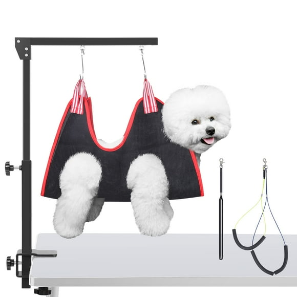 HIDOG Dog Grooming Arm with Clamp, Adjustable Dog Grooming Table Arm with Two No Sit Haunch Holder & Hammock Harness, Foldable Pet Grooming