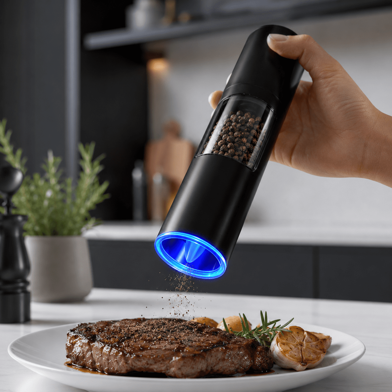 Electric Gravity Salt and Pepper Grinder - Battery-Powered, One-Hand Operation, Adjustable Coarseness, LED Indicator
