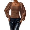 thumbnail image 2 of Women'S Square Neck Long Sleeve Crop Tops Puff Sleeve Ruched Blouse Dark Brown L, 2 of 10