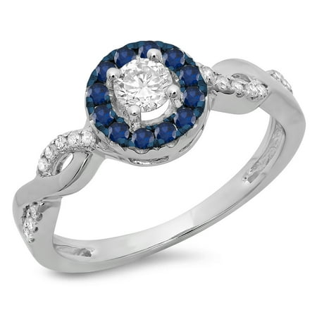 

Dazzlingrock Collection 14K Round Blue Sapphire & White Diamond Ladies Swirl Bridal Halo Engagement Ring White Gold Size 5