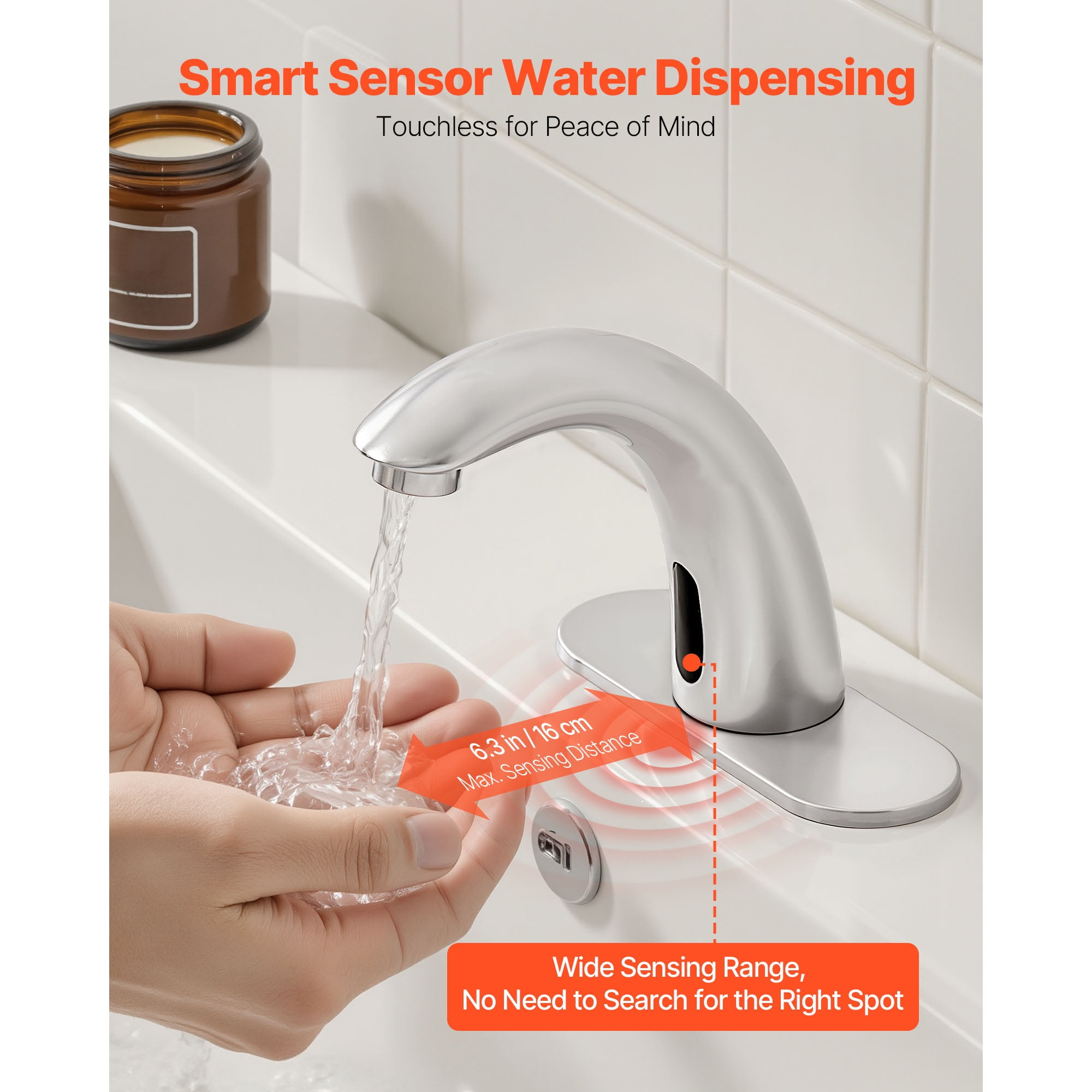 KFFKFF Touchless Bathroom Sink Faucet, Automatic Motion Sensor Restroom Faucet with Hole Cover Plate, Battery Powered, Adjustable Temperature for 9/16 in Pipe, Commercial Lavatory, Brushed Nickel