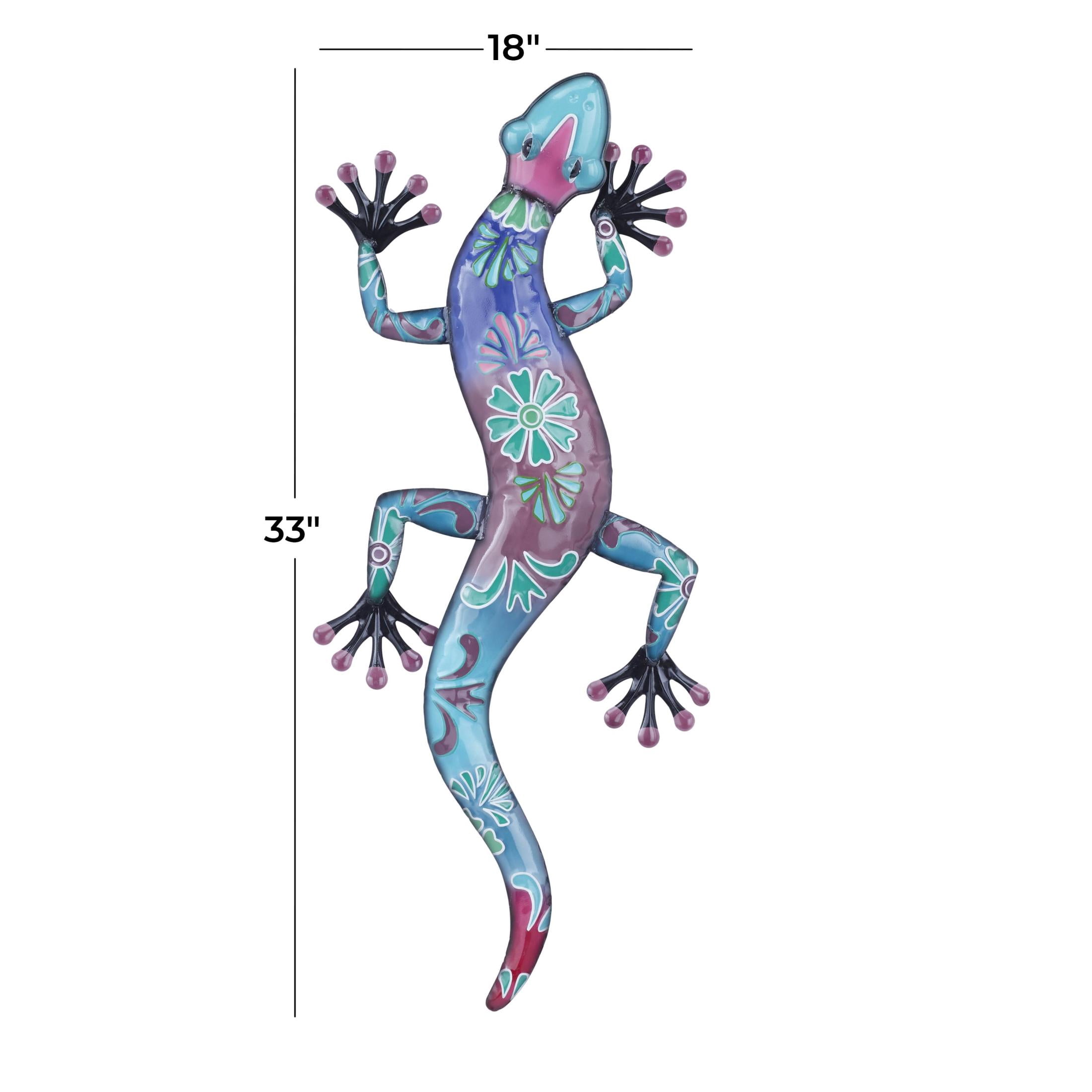 DecMode Blue Metal Indoor Outdoor Floral Patterned Lizard Wall Decor with Purple and Teal Accents