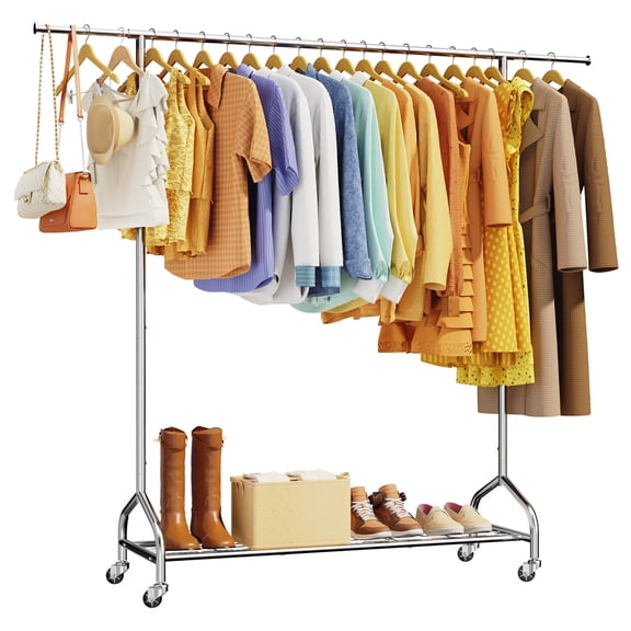 Sakugi Heavy Duty Clothes Rack - Extendable Stainless Steel Clothing Rack for Hanging Clothes with Mesh Shelf, 49.5–74.5" x 61.5" x 16.5", Silver