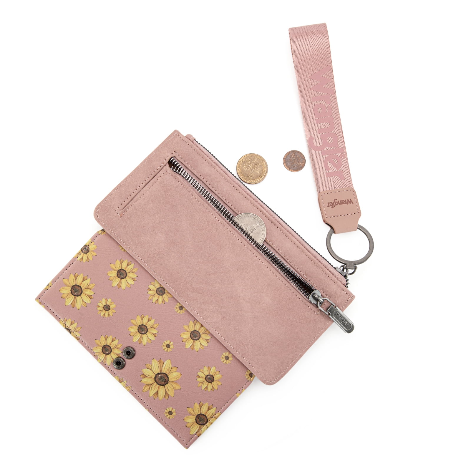 Wrangler Wallet for Women Floral Wristlet Wallets Ladies Female Large Clutch Wallets with Coin Purse and Rfid Lining, Dark Pink