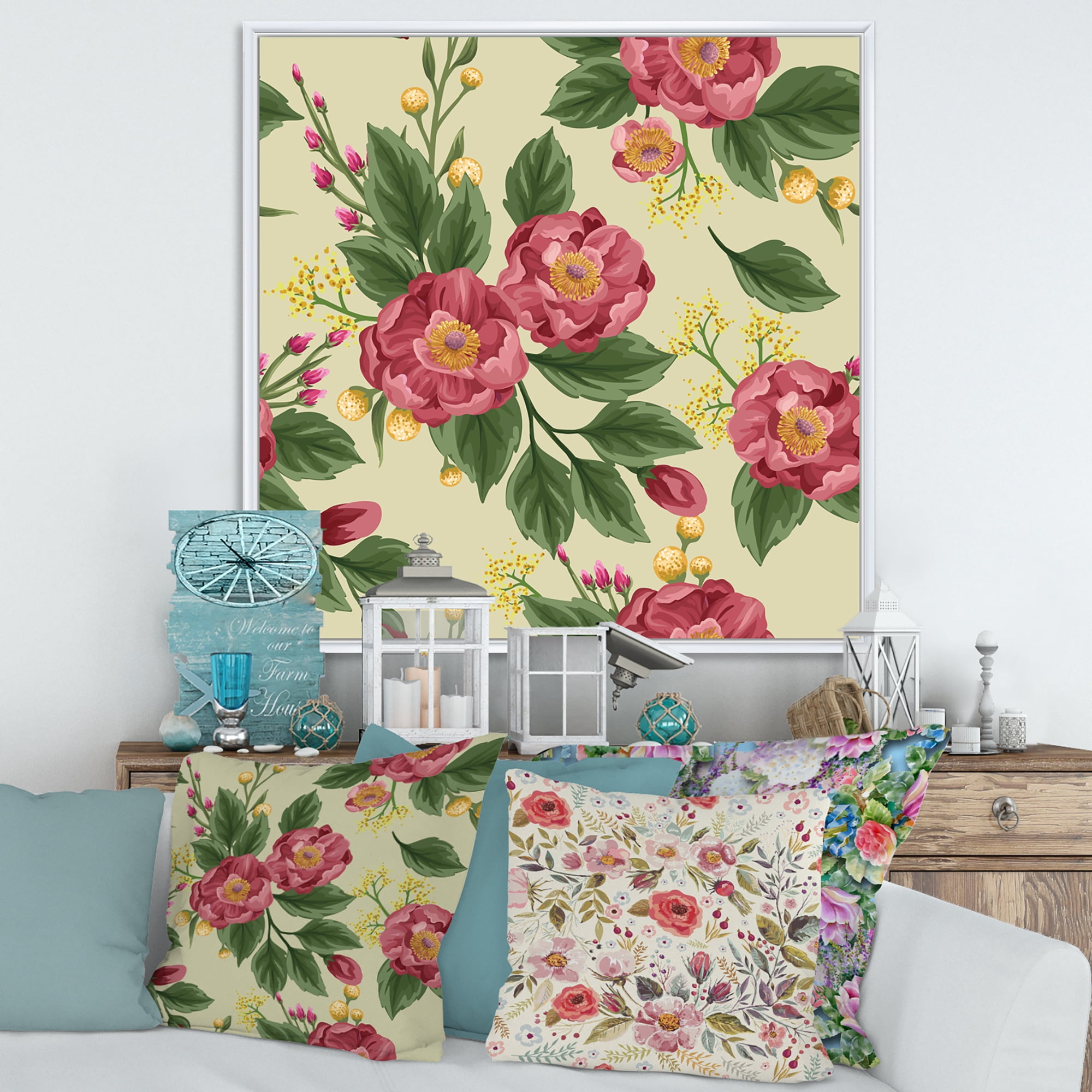 Designart 'Vintage Sweet Peas and Peonies On Beige' Traditional Framed Canvas Wall Art Print