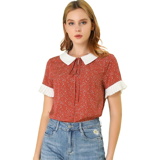 INSPIRE CHIC Blusa de lunares de manga corta con cuello Peter Pan en contraste vintage para mujer Rojo M