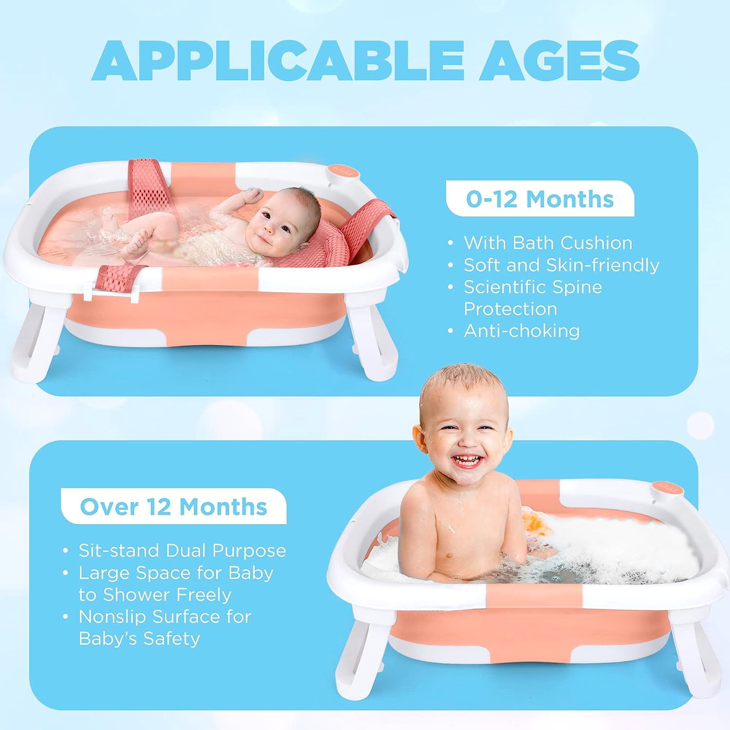 Prociv Foldable Baby Bathtub,Multifunctional Bathtub with Thermometer &Drain Hole, Baby Bathtub for Toddler 0-36 Month Pink (with Net)