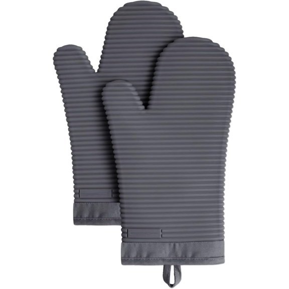 Ribbed Soft Silicone Oven Mitt Set, Charcoal Grey 2 Count , 7.5"x13"
