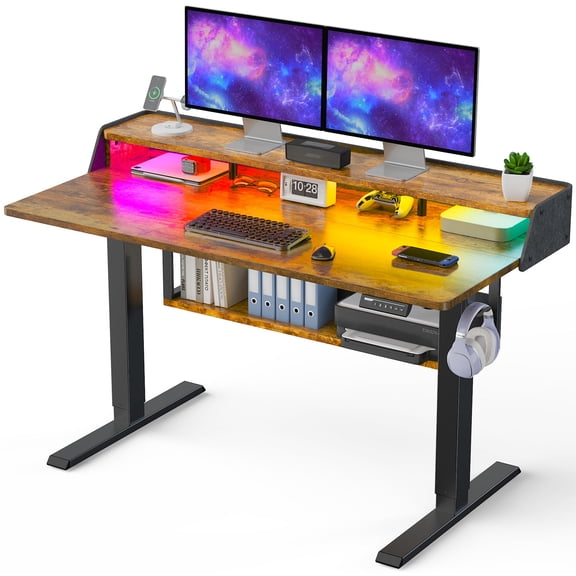 CHITOOMA Electric Standing Desk with LED & Storage, 48" x 24" Height Adjustable Computer Desk, C-Clamp Mount Compatible Ergonomic Table for Home Office, Brown