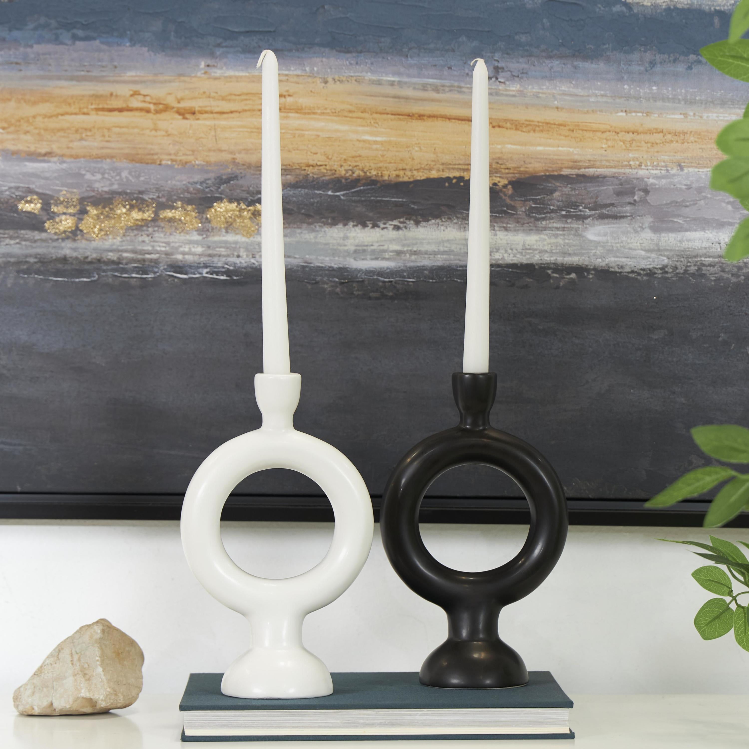 CosmoLiving by Cosmopolitan 2 Candle Black Ceramic Geometric Ring Candle Holder, Set of 2