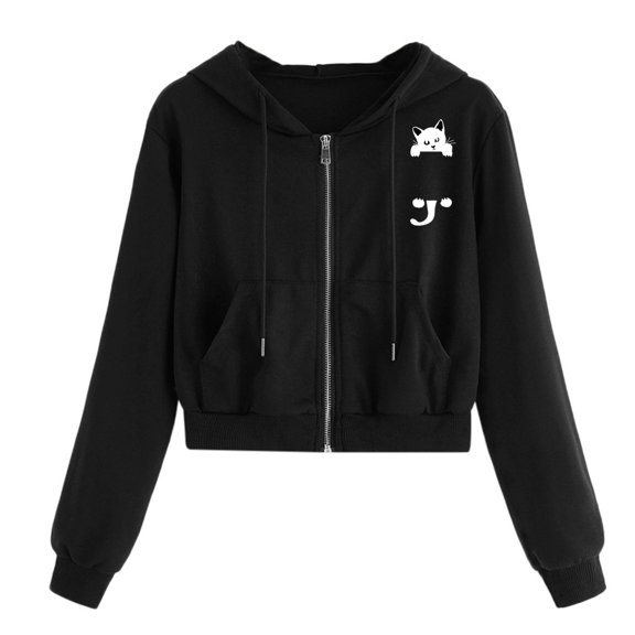 Fesfesfes Women Hooded Casual Cat Print Long Sleeve Zipper Pocket Shirt Hooded Sweatshirt Tops Under $10