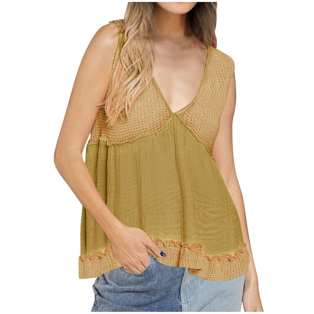 Timegard Summer Tank Top for Women Deep V Neck Ruffle Ruched Tunic Top Dressy Causal Loose Beach Travel